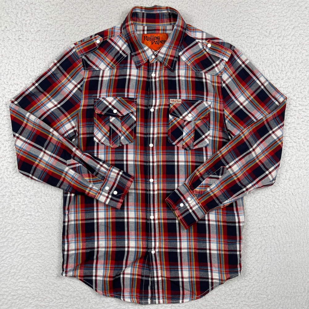 Rolling Paper Western Shirt Mens L Red Plaid Pearl Snap Cowboy Americana Rugged